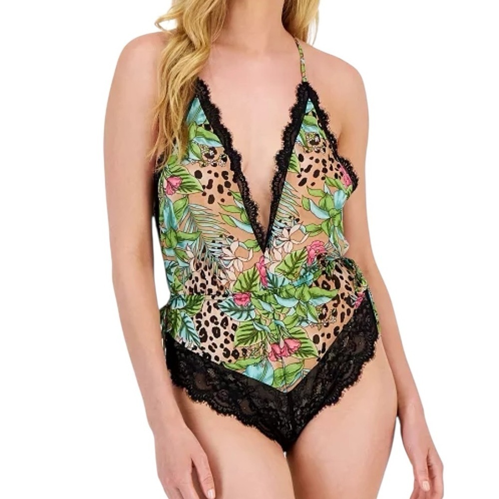 INC International Concepts Lace Chiffon Floral Lingerie Bodysuit Jungle Leopard